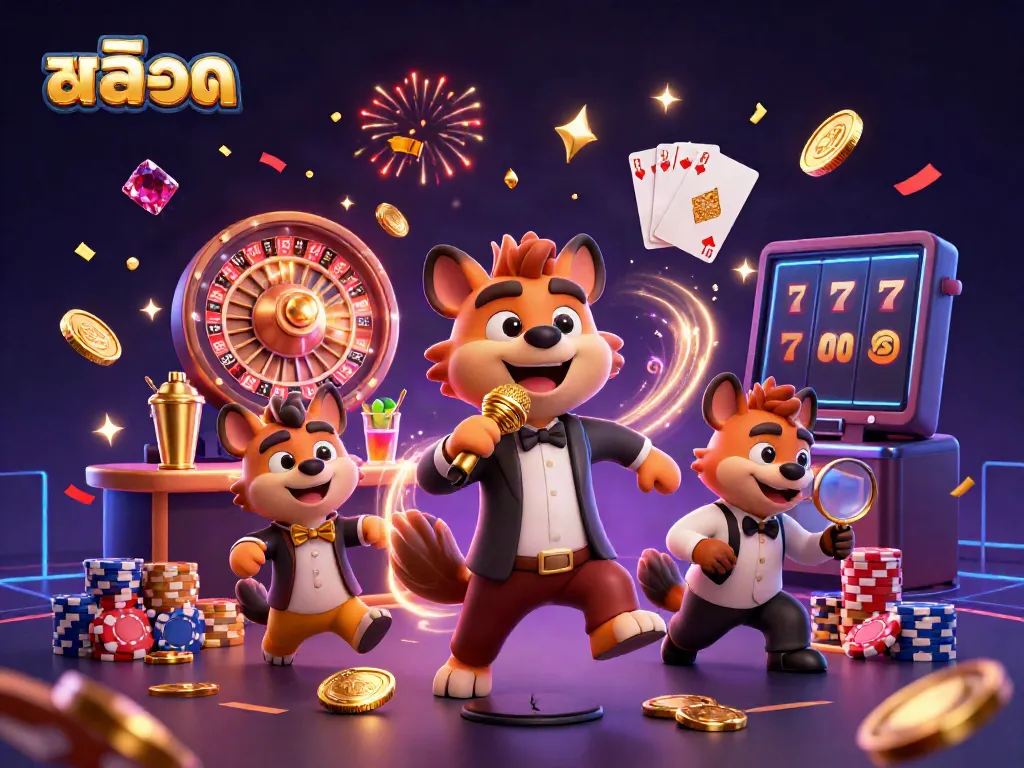 Experience the exciting world of สล็อต with animated hyenas in a vibrant casino scene, filled with golden coins and playful dynamics.