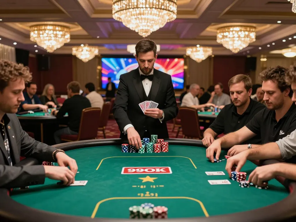 Players enjoying dynamic poker game at 99OK casino with stacks of chips and cards visible