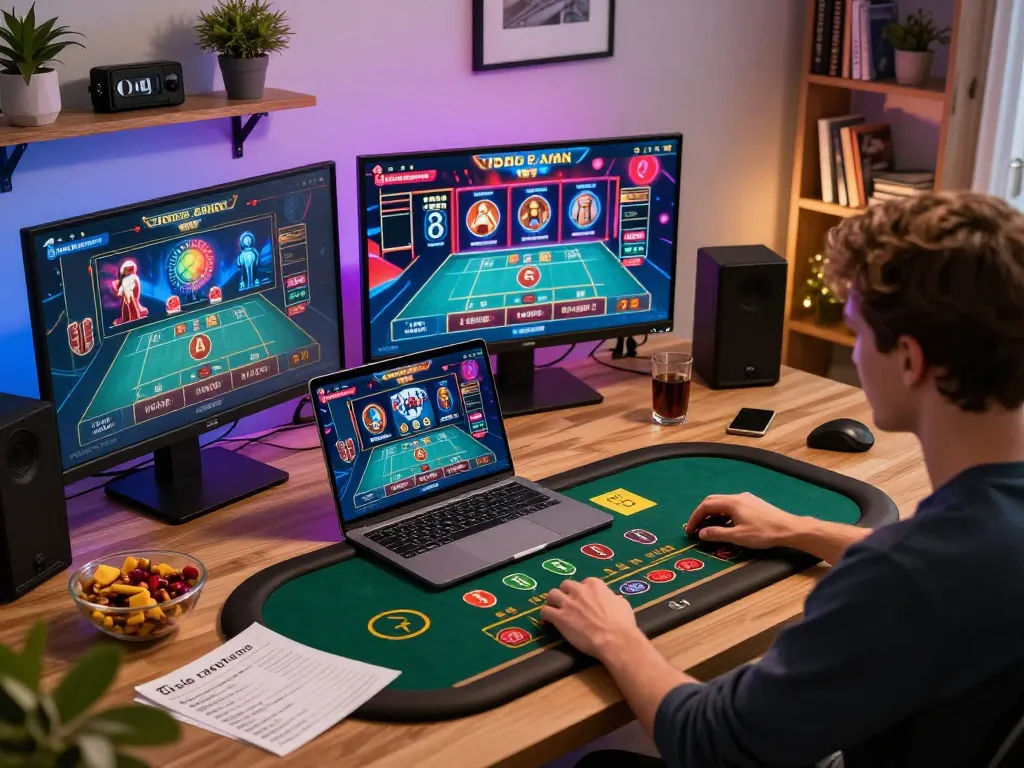 Sesi permainan situs toto di rumah, terlibat dalam permainan dealer langsung di laptop.