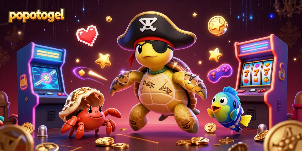 Engage in popotogel with a vibrant scene of a pirate turtle, crab, and fish amidst casino-themed elements.
