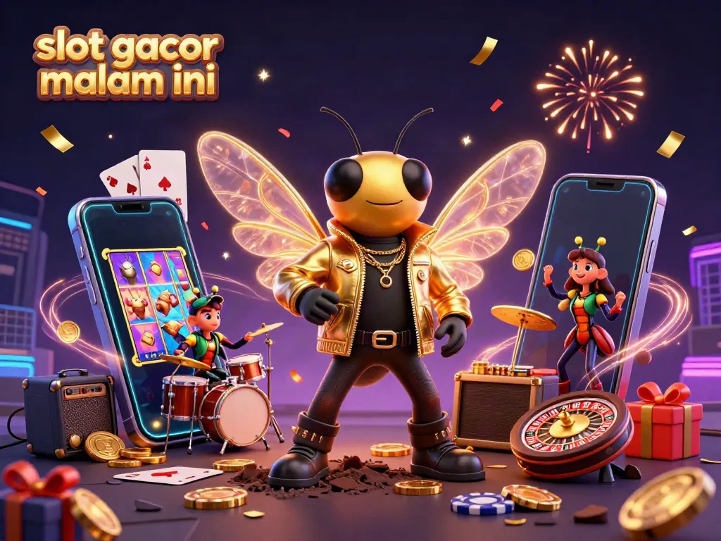 Experience winning moments with slot gacor malam ini illustrated by a lively cicada rock star and casino elements.