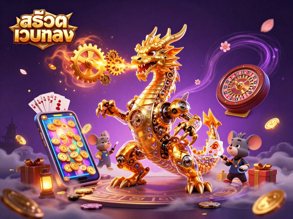 Spin and win in สล็อตเว็บตรง with a dynamic scene showcasing thrilling slot games, golden coins, and colorful casino elements.