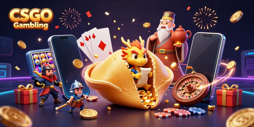 Experience CSGO Gambling with a vibrant 3D scene featuring a golden fortune cookie and dynamic game elements.