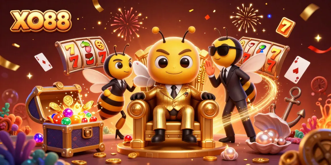 Engage with XO88's vibrant slots experience through a 3D illustration of gaming elements and characters.
