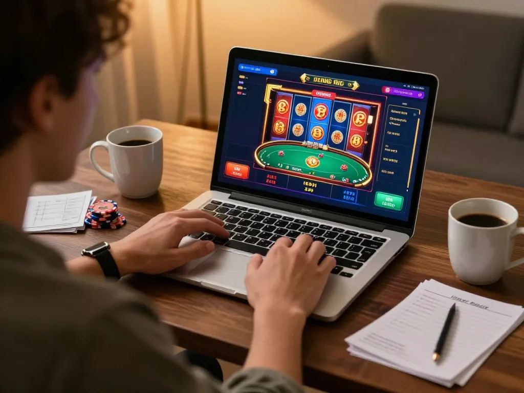 Engaged player strategizing with 98win online casino games on a laptop.