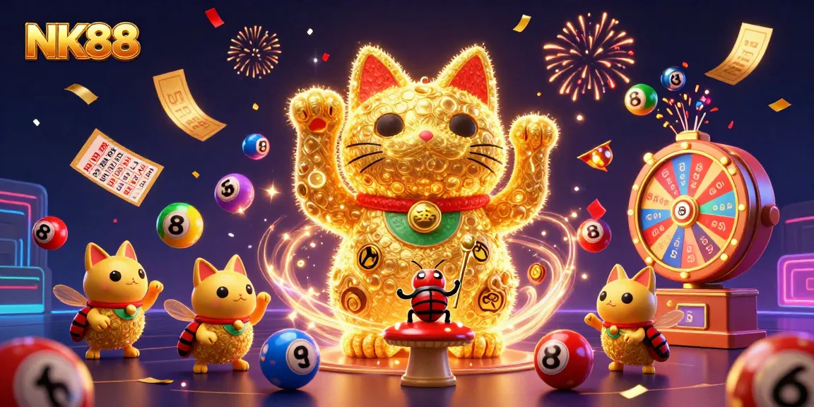 Experience the vibrant atmosphere of NK88 as golden fireflies create a lucky cat amidst exciting casino symbols.