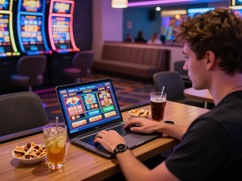 Akujnp gaming scene featuring a player enjoying colorful slot machines on a laptop.