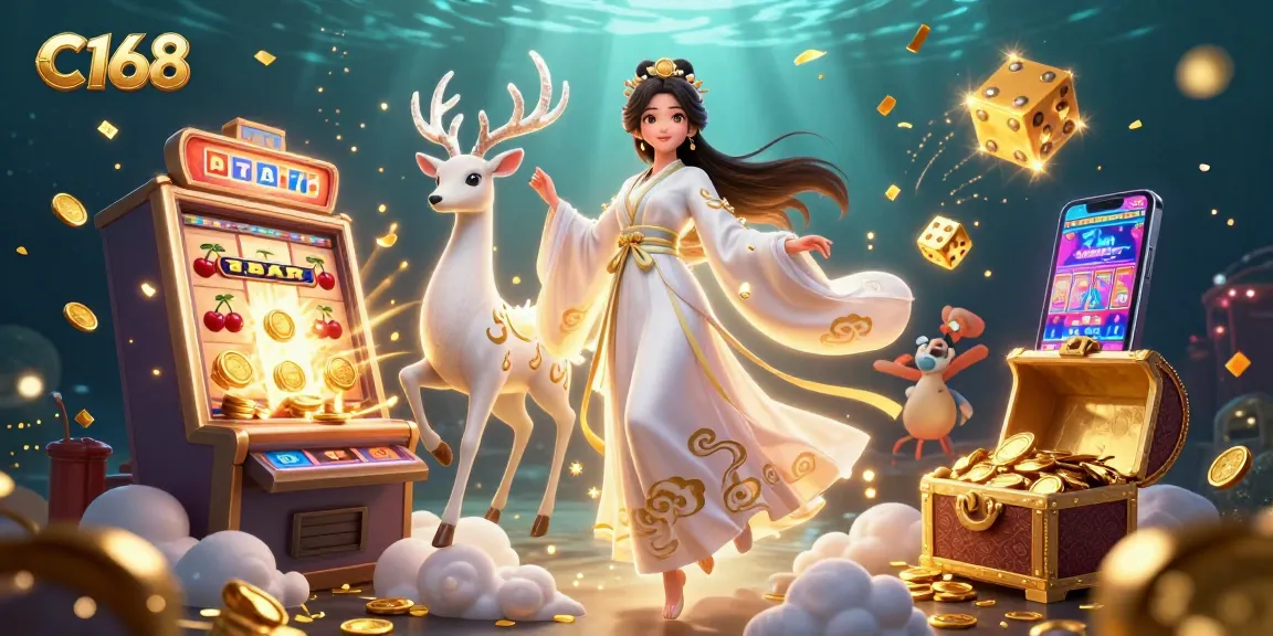C168 gaming scene captivating players with vibrant slot machines, golden coins, and immersive casino atmosphere.