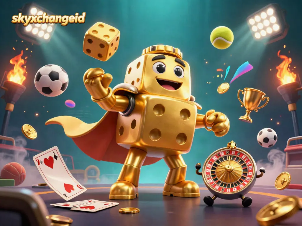 Experience thrilling sports betting action with skyxchangeid in a vibrant, packed casino illustration.