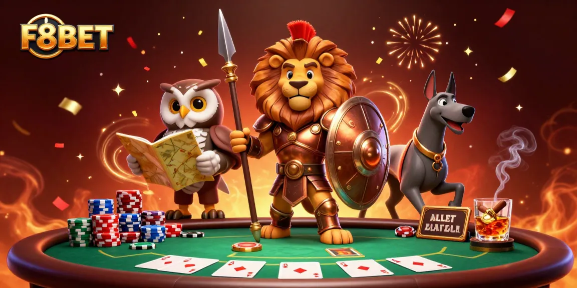 Experience thrilling poker action with F8BET's vibrant 3D casino illustration showcasing lively characters.