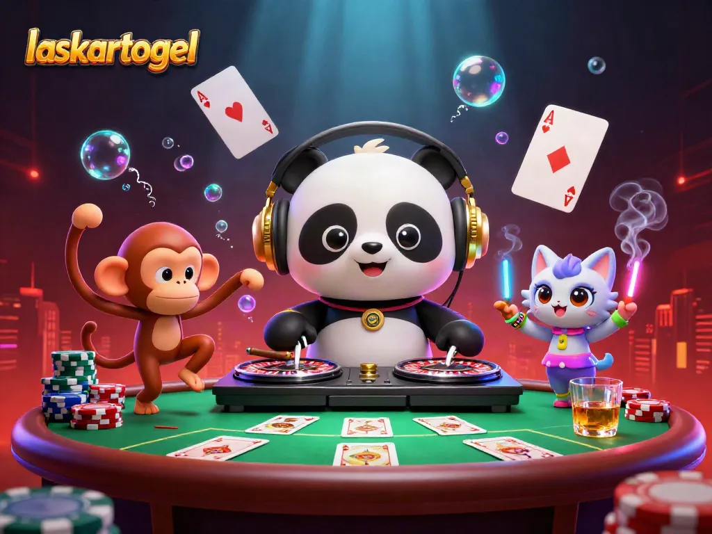 Engage with laskartogel excitement where DJ panda spins roulette wheels surrounded by vibrant casino action.