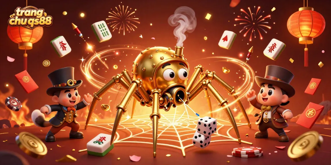 Experience the excitement of trang chu qs88 with a steampunk spider catching dice in a vibrant casino scene.
