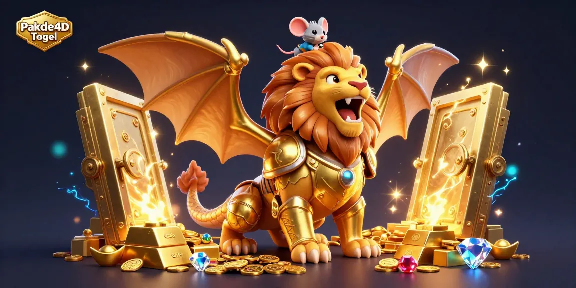 Engage with Pakde4D Togel in an ultra-detailed 3D illustration showcasing a chimera amidst treasures and vibrant effects.