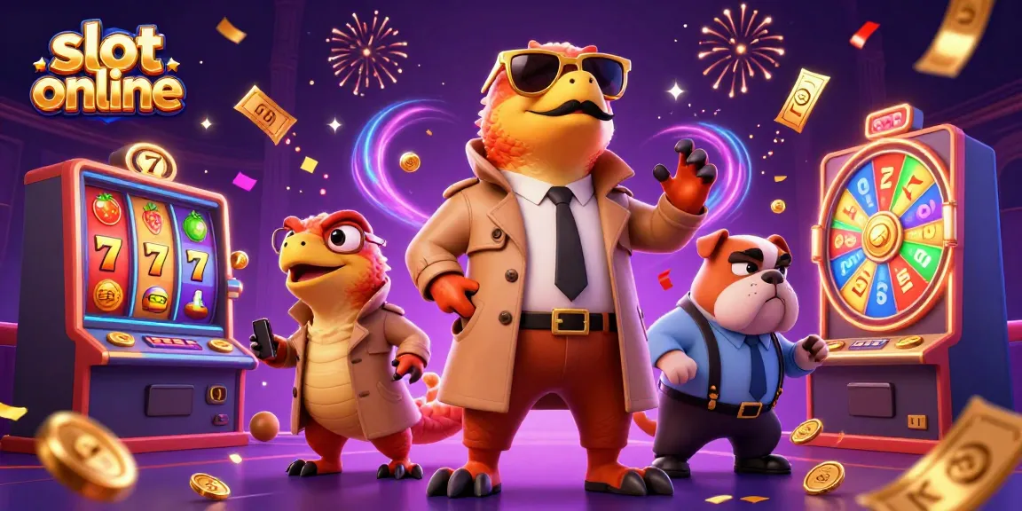 Experience thrilling slot online action as cartoon raptors sneak into a VIP casino with festive game elements.