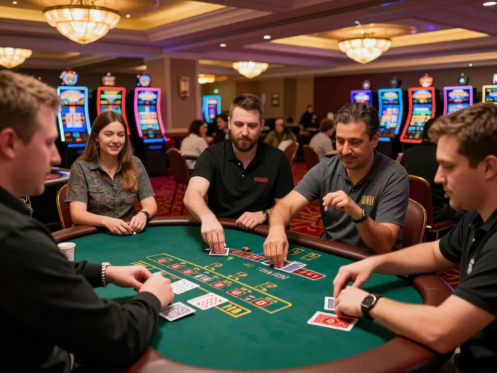 Players engaging in intense blackjack gameplay at a colorful casino, with cm888 prominently featured on the table.