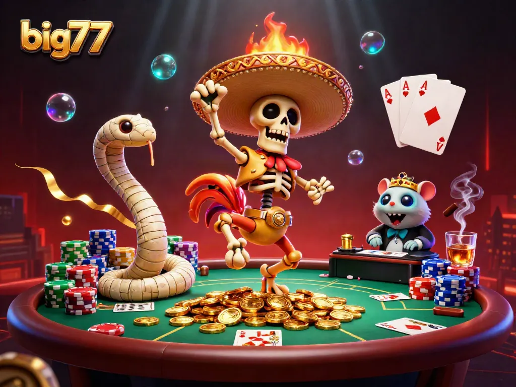 Big777 players enjoy dynamic wins with animated casino characters amidst vibrant gambling elements.