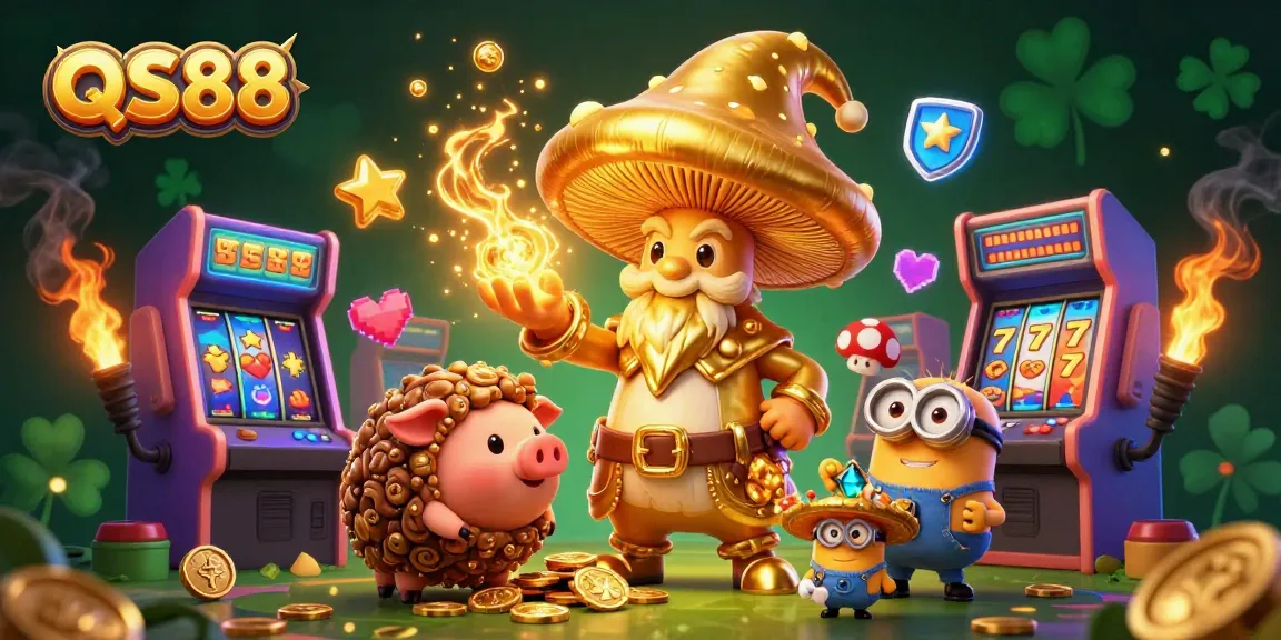 Experience thrilling gaming at QS88 with a magical scene of a golden mushroom wizard and treasures in a vibrant casino.