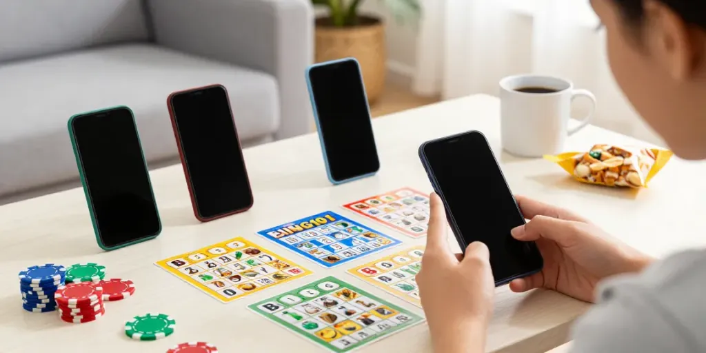Bingo app download apk in use, showcasing a user enjoying Bingo101 app surrounded by game elements.