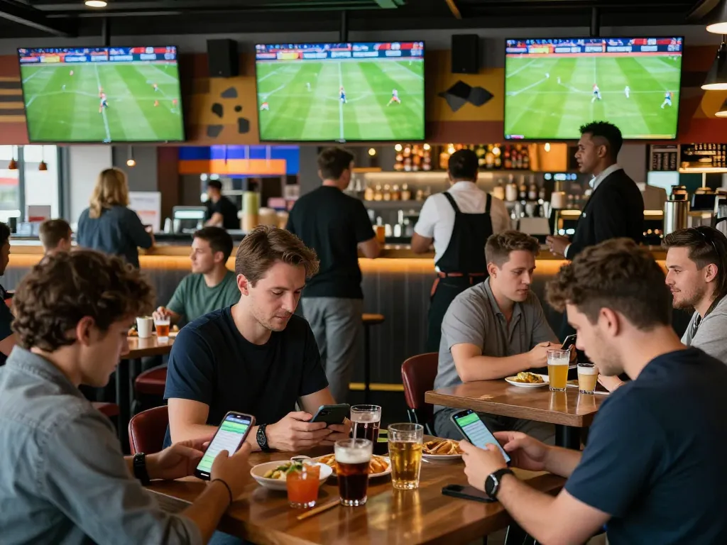 Tỷ lệ kèo nhà cái displayed on mobile devices as patrons engage in live sports betting at a vibrant sports bar