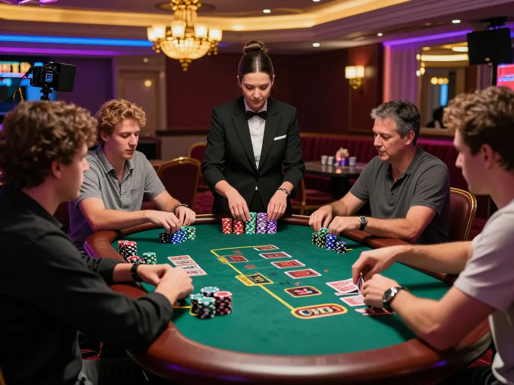 KJC coffee bets big at an exciting blackjack table, with players focused on winning strategies and vibrant casino lighting.