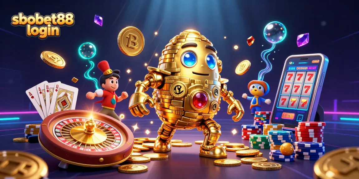 Engage with sbobet88 login in a vibrant, ultra-detailed casino scene filled with golden golems and dynamic gaming elements.