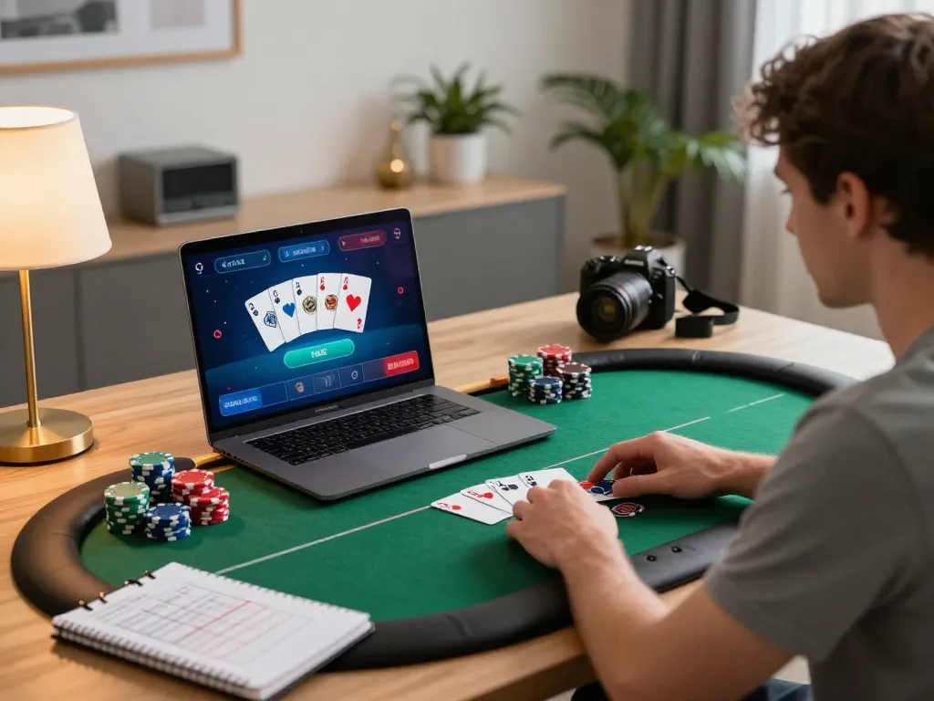 Playing online poker at a gaming desk with strategies handy at cm88 com setup.