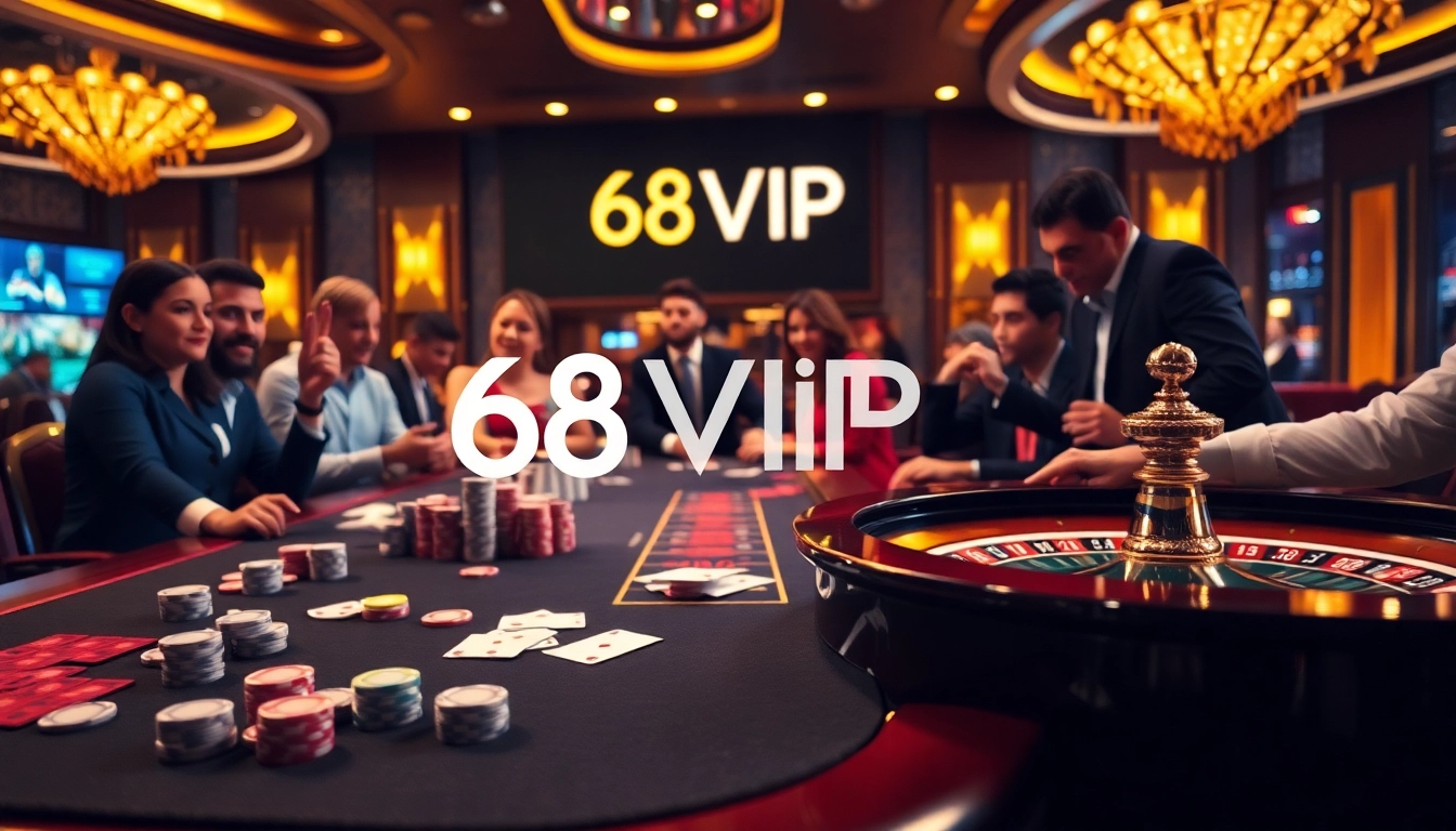 68VIP poker table action with enthusiastic players enjoying casino games.