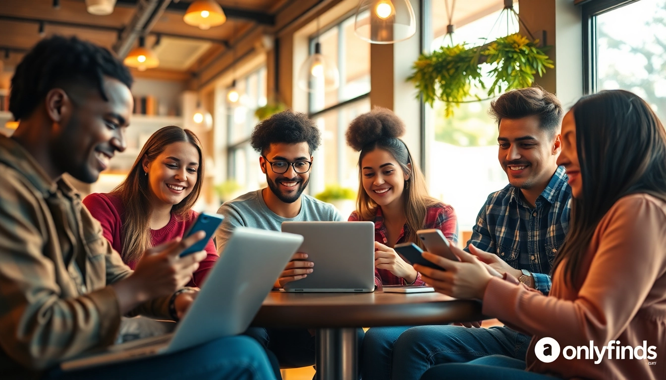 Discover OnlyFans Nearby Creators in a cozy cafe setting with young adults using digital devices.