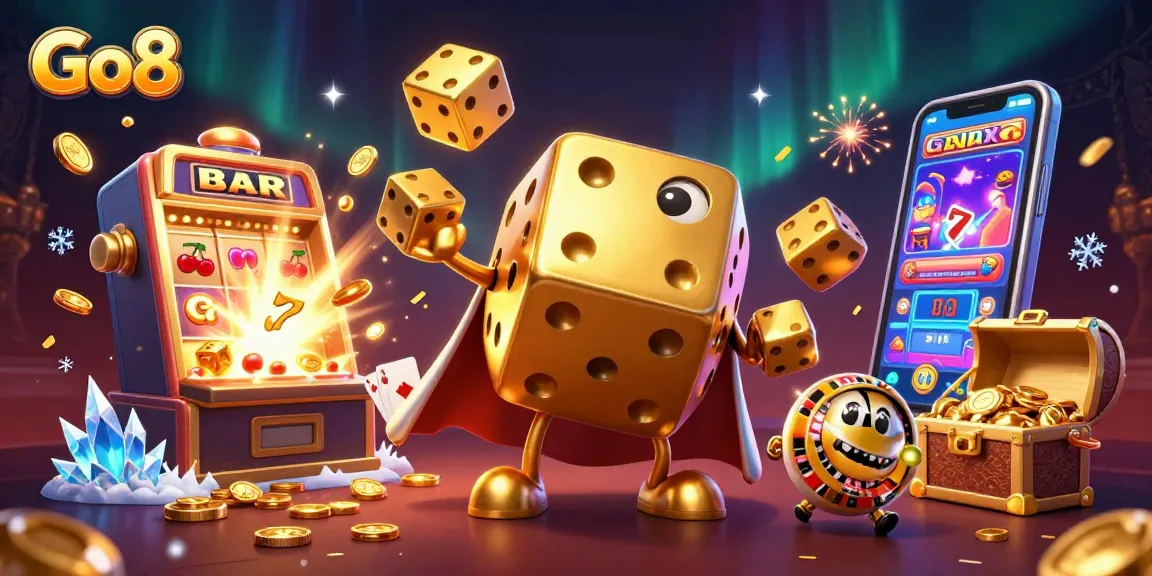 Experience the excitement of Go8 with a dynamic casino scene featuring golden dice and jackpot visuals.