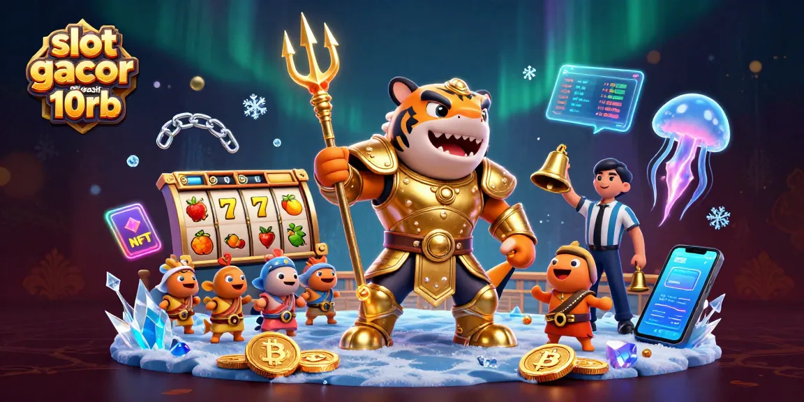 Experience the thrilling slot gacor deposit 10rb with a dynamic underwater scene featuring a tiger shark, casino elements, and vibrant crypto icons.