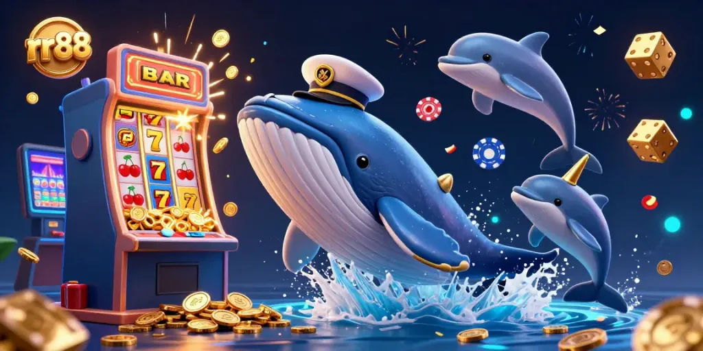 Experience thrilling jackpots at rr88 with a cartoon whale and dolphins among vibrant casino elements.
