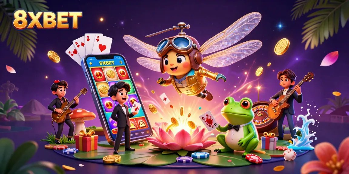 Experience thrilling action with 8XBET at a vibrant lily pad casino featuring animated characters