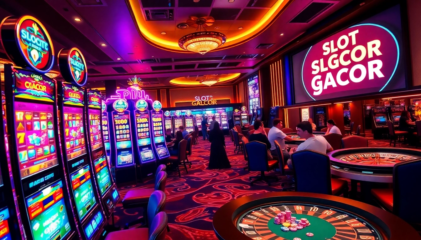 Excited players winning at slot gacor machines in a luxurious casino setting
