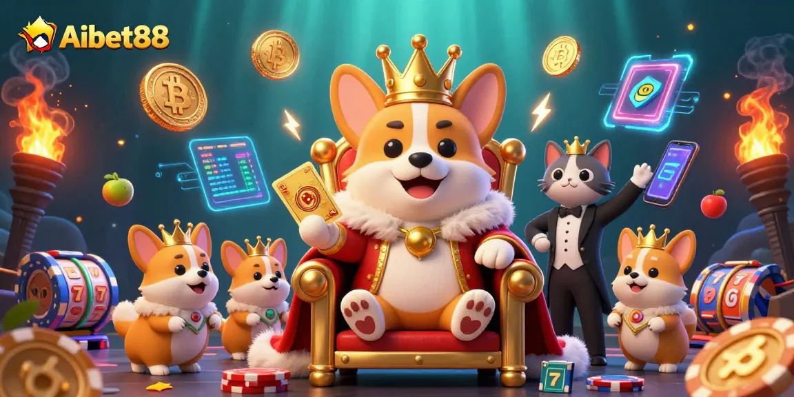 Aibet88 showcases a royal corgi and a cat butler in a vibrant, energetic casino scene with rich gaming elements.