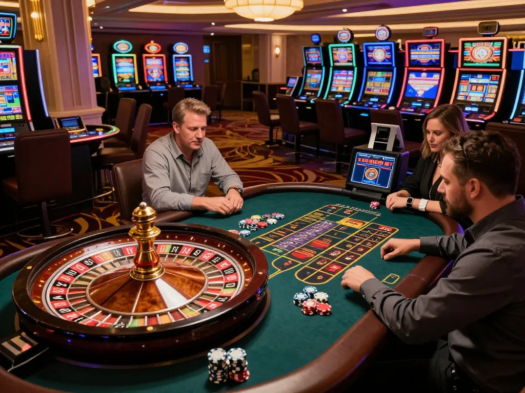 Players engaging in thrilling gameplay at casinos not on gamstop, featuring vibrant roulette table and slot machines.