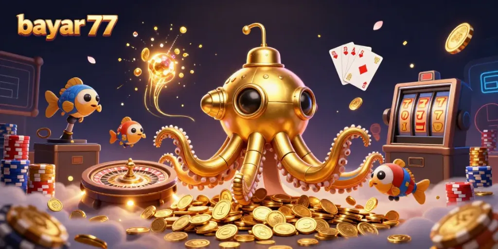 Play exciting games on bayar 77 with a dynamic, visually captivating casino scene filled with gold coins and gaming action
