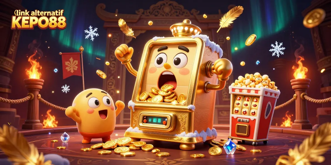Experience the excitement of link alternatif KEPO88 with a joyful golden slot machine celebrating its jackpot win!
