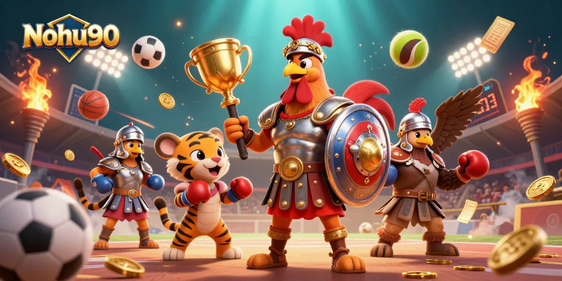 Nohu90 thrills with a vibrant 3D gaming scene featuring dynamic sports elements and a captivating gladiator rooster action.