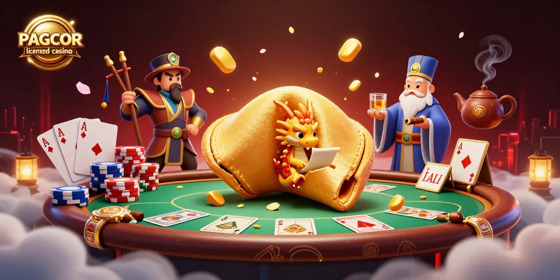 PAGCOR licensed casino scene showcasing a giant golden fortune cookie with a wise dragon, vibrant poker elements, and dynamic guardians.