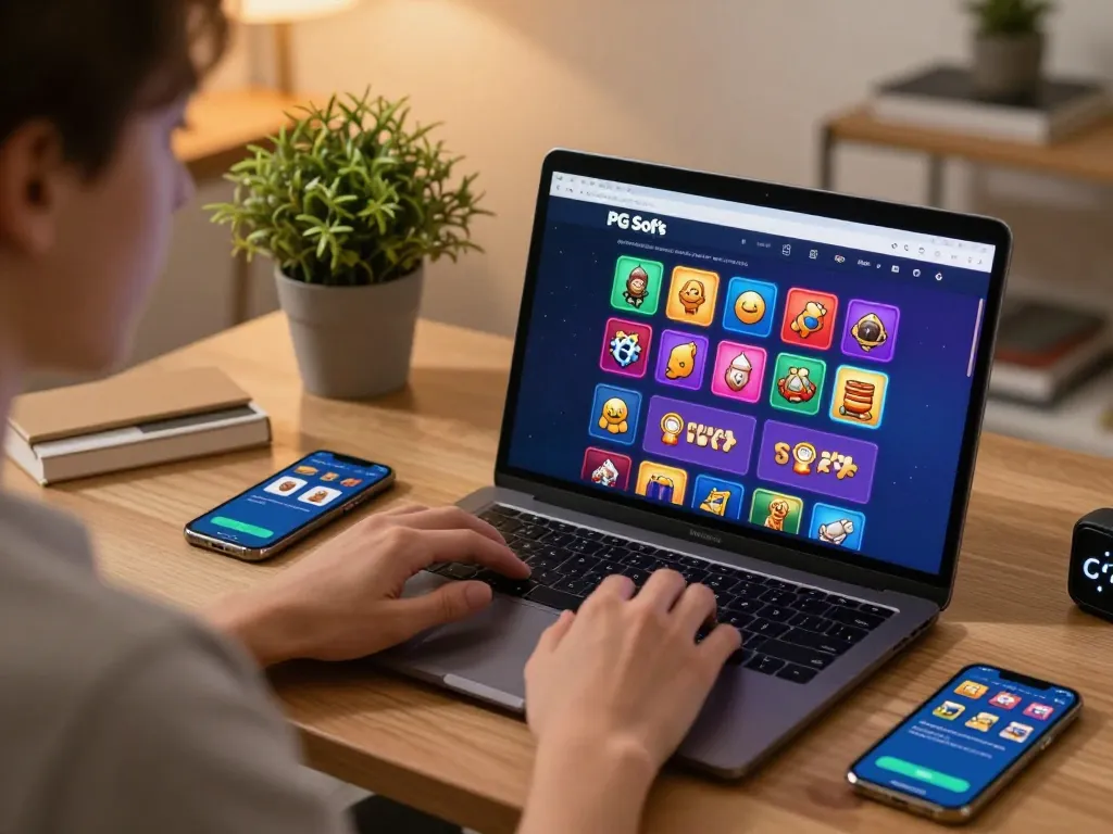 Memainkan permainan kasino PG Soft di laptop dalam pengaturan rumah yang nyaman