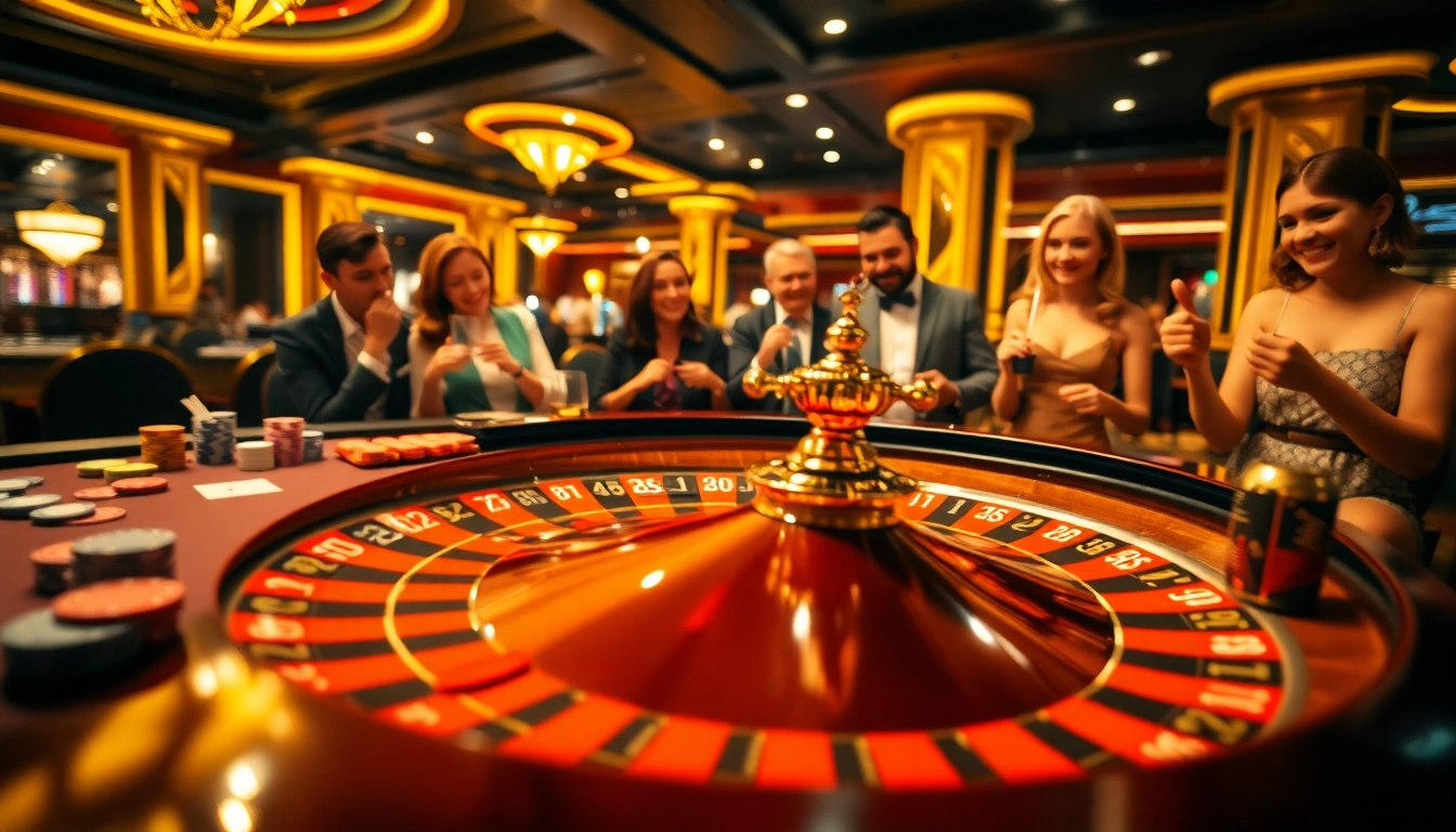 Engaging casino scene with players around a roulette wheel, showcasing excitement and anticipation.