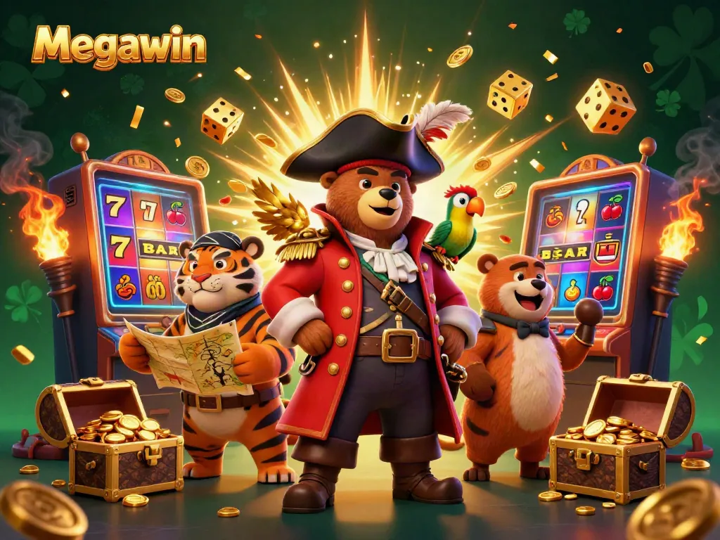 Mengalami keseruan jackpot Megawin dengan karakter beruang bajak laut, macan, dan burung beo di sekeliling mesin slot penuh emas.