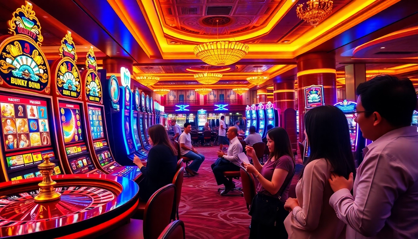 KTP Jitu players engaging with vibrant slot machines in a lively casino atmosphere.
