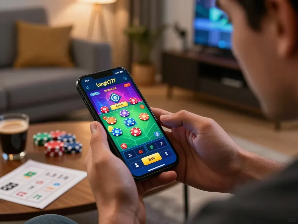 Player engaged with langit777 casino app on smartphone, surrounded by gaming strategy notes and colorful chips.