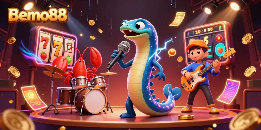 Bemo88 offers a lively underwater casino scene with a DJing electric eel, engaging slot elements, and vibrant gold coins.