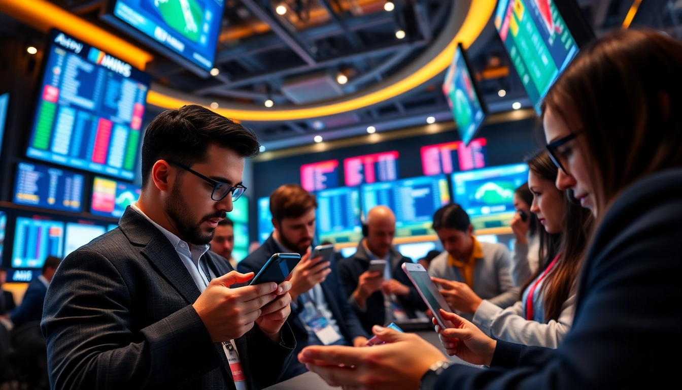 Engaging bettors participating in online Betting at a modern sportsbook with vibrant displays.