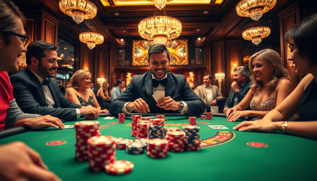 Engage in thrilling gameplay at a vibrant Blackjack Casino table with lively players and a professional dealer.