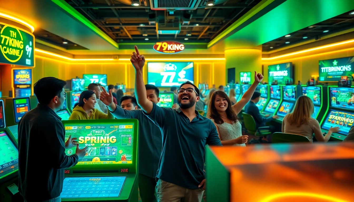 Blije spelers vieren een winst bij de online casinospellen van 79king hn, die een levendige gokatmosfeer benadrukt.