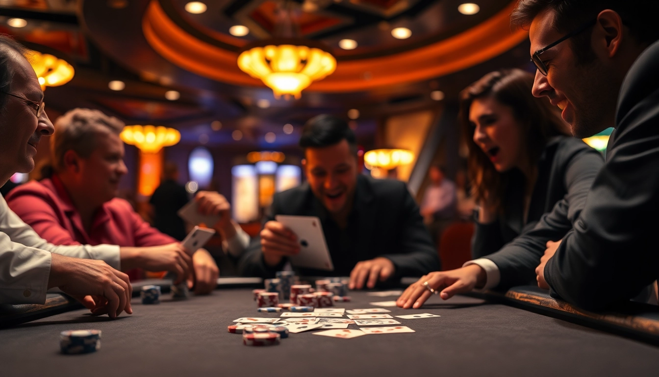 Engaged players in a poker game showcasing intense excitement at a classy casino table.