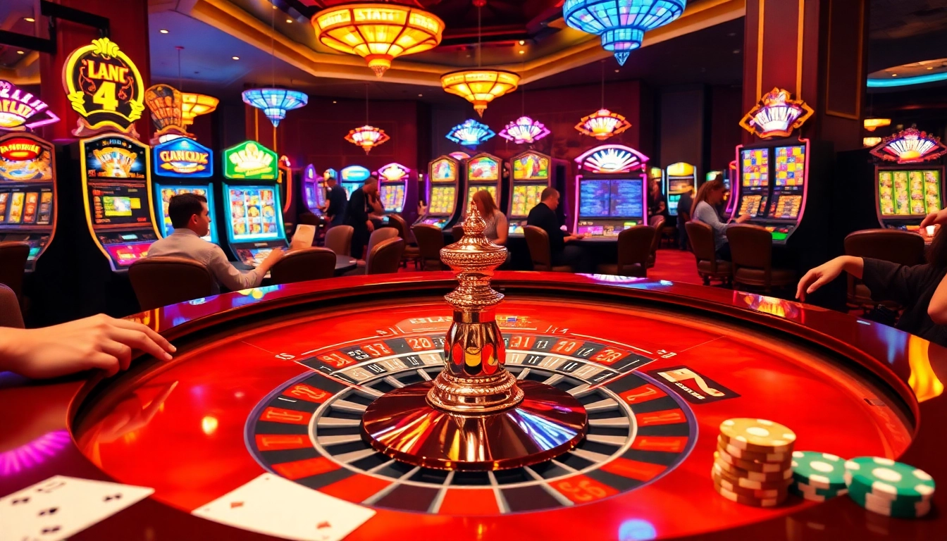 A thrilling casino scene showcasing players at jun88.com enjoying roulette and slot machines.